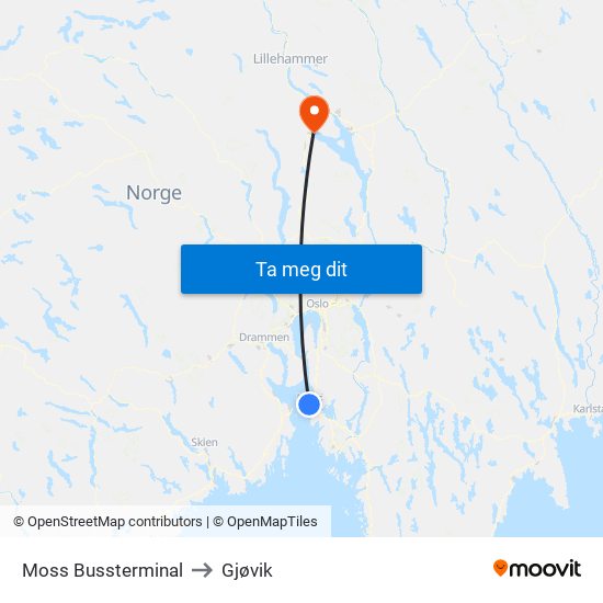Moss Bussterminal to Gjøvik map