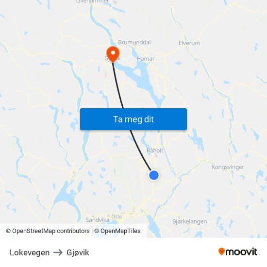 Lokevegen to Gjøvik map