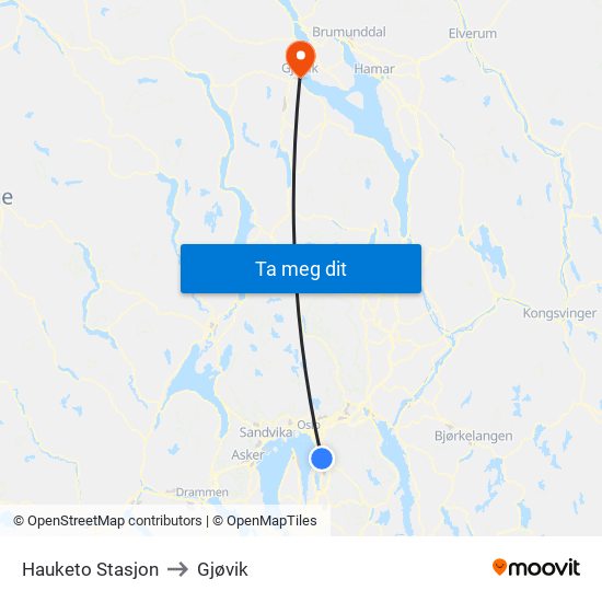 Hauketo Stasjon to Gjøvik map