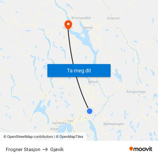 Frogner Stasjon to Gjøvik map