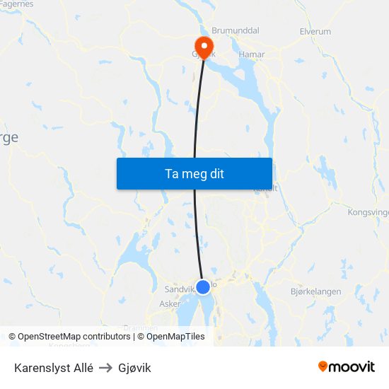 Karenslyst Allé to Gjøvik map