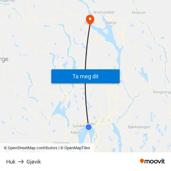 Huk to Gjøvik map