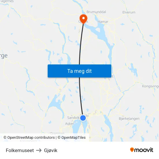 Folkemuseet to Gjøvik map