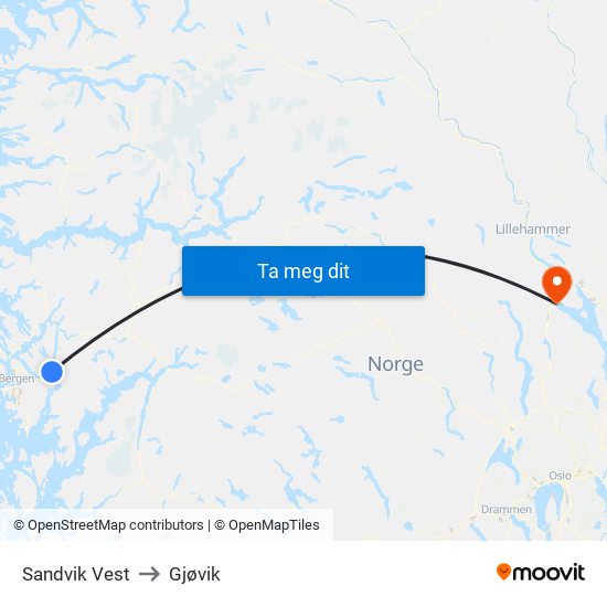 Sandvik Vest to Gjøvik map