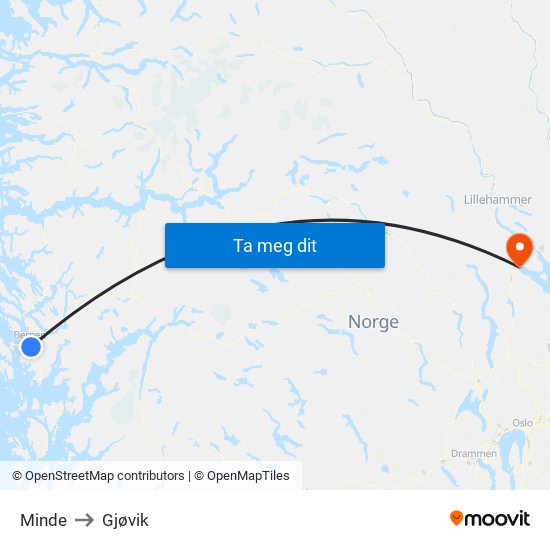 Minde to Gjøvik map