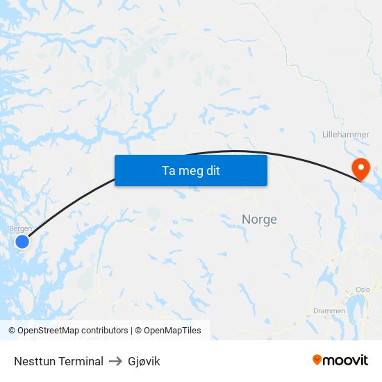 Nesttun Terminal to Gjøvik map