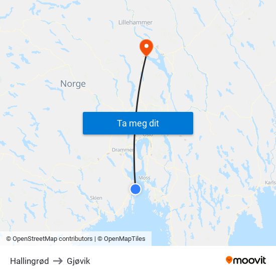 Hallingrød to Gjøvik map