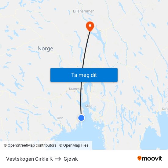 Vestskogen Cirkle K to Gjøvik map