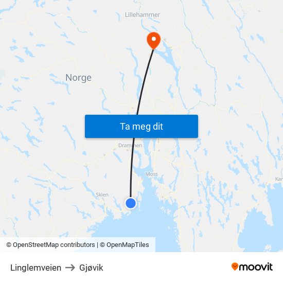 Linglemveien to Gjøvik map