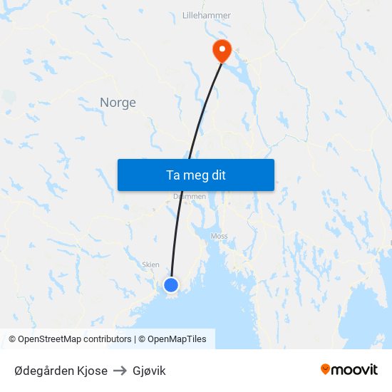 Ødegården Kjose to Gjøvik map