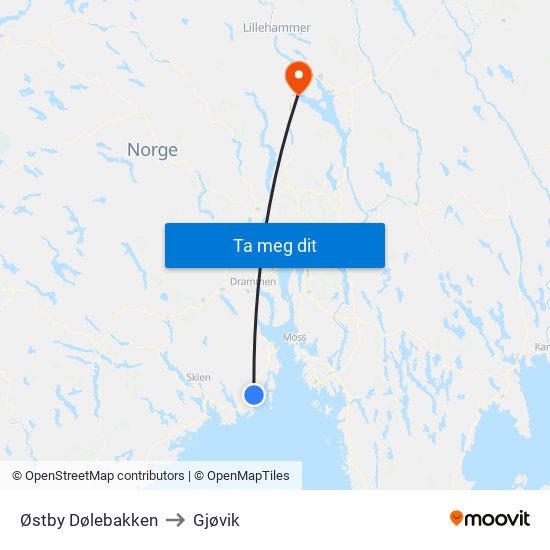 Østby Dølebakken to Gjøvik map