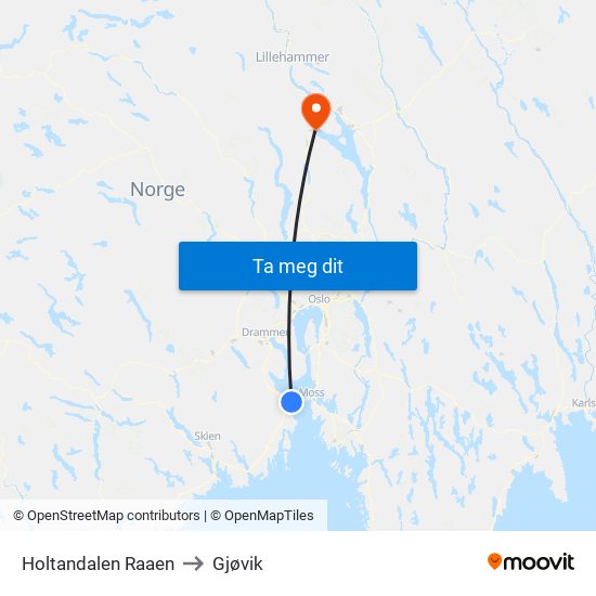Holtandalen Raaen to Gjøvik map