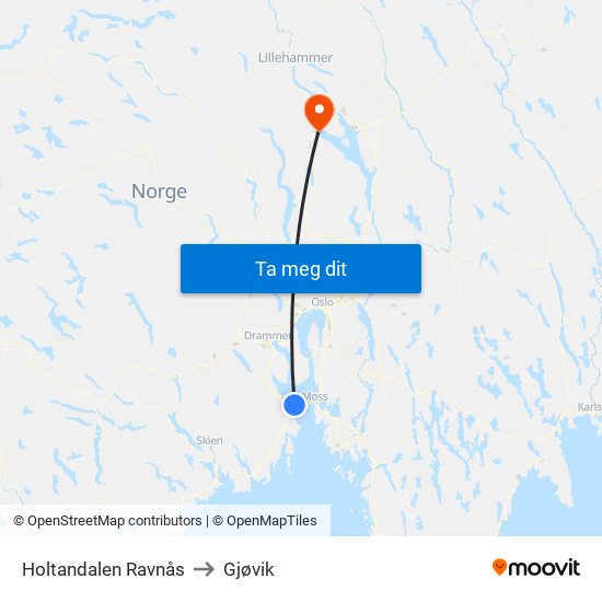 Holtandalen Ravnås to Gjøvik map