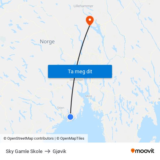 Sky Gamle Skole to Gjøvik map