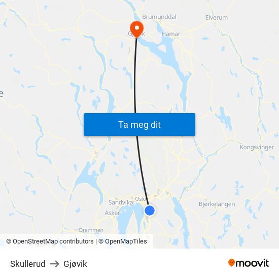 Skullerud to Gjøvik map