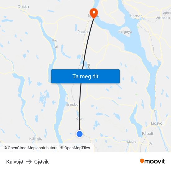 Kalvsjø to Gjøvik map