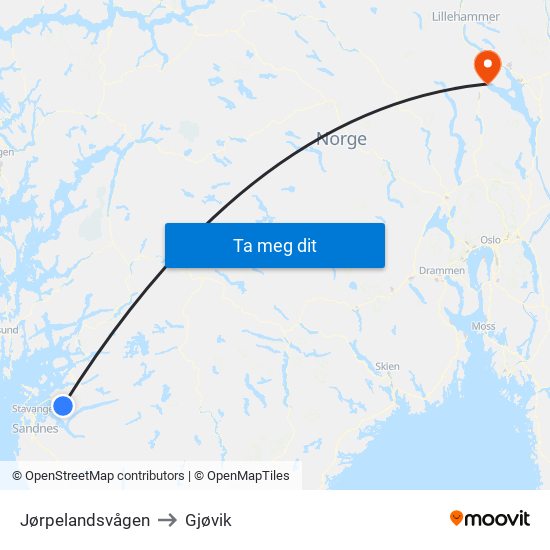 Jørpelandsvågen to Gjøvik map