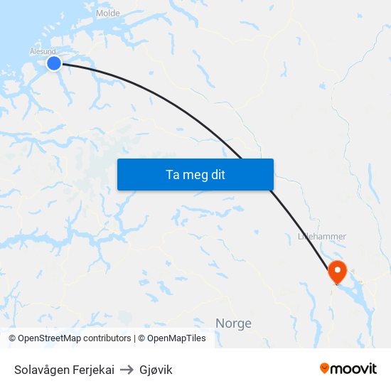 Solavågen Ferjekai to Gjøvik map