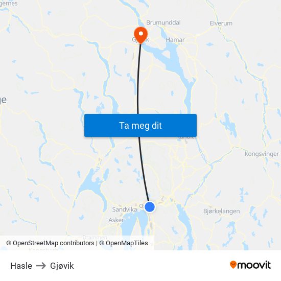 Hasle to Gjøvik map