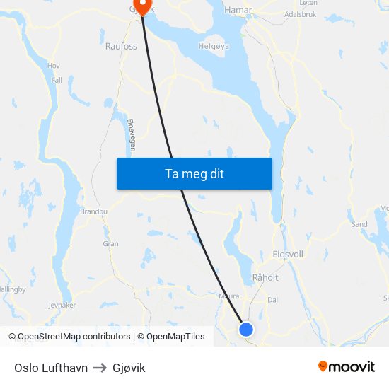 Oslo Lufthavn to Gjøvik map