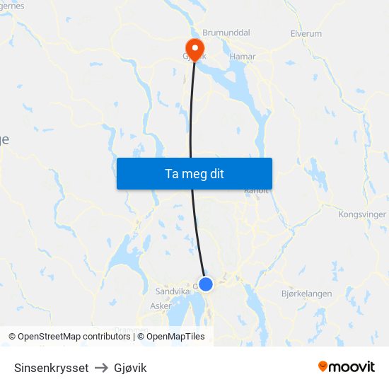 Sinsenkrysset to Gjøvik map