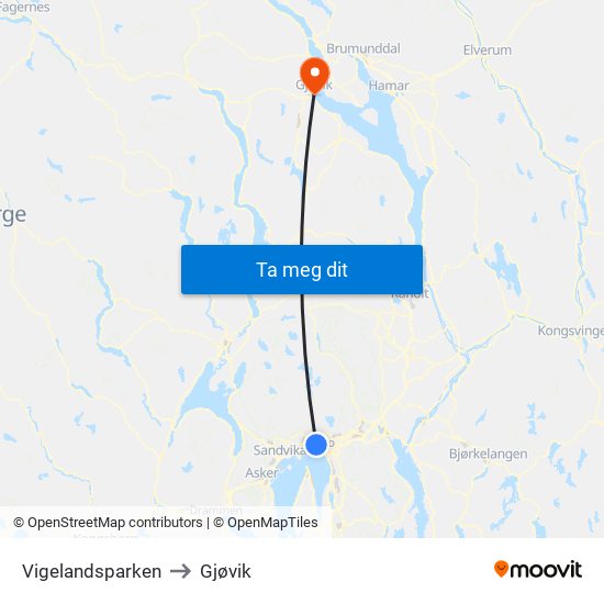 Vigelandsparken to Gjøvik map