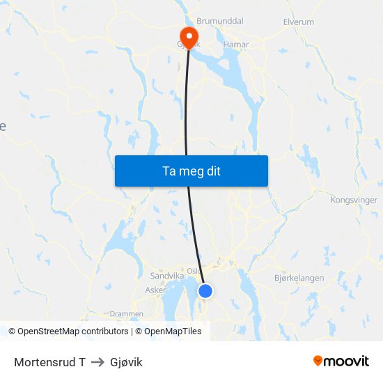 Mortensrud T to Gjøvik map
