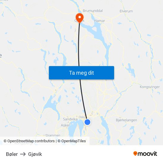 Bøler to Gjøvik map