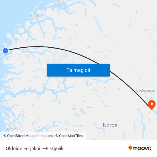 Oldeide Ferjekai to Gjøvik map