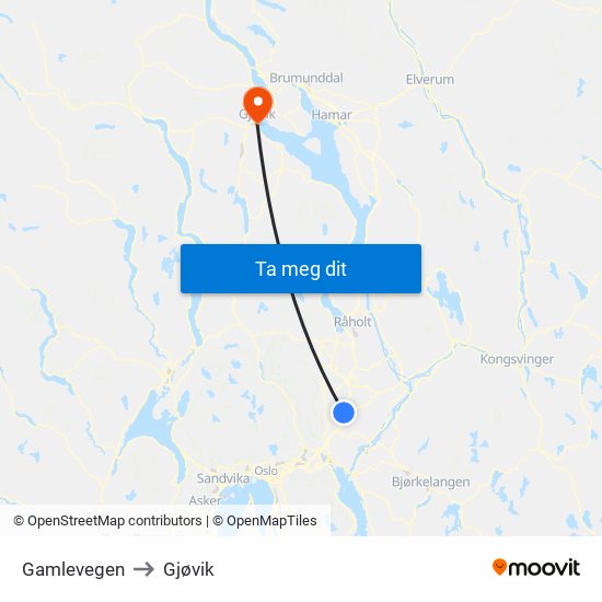 Gamlevegen to Gjøvik map