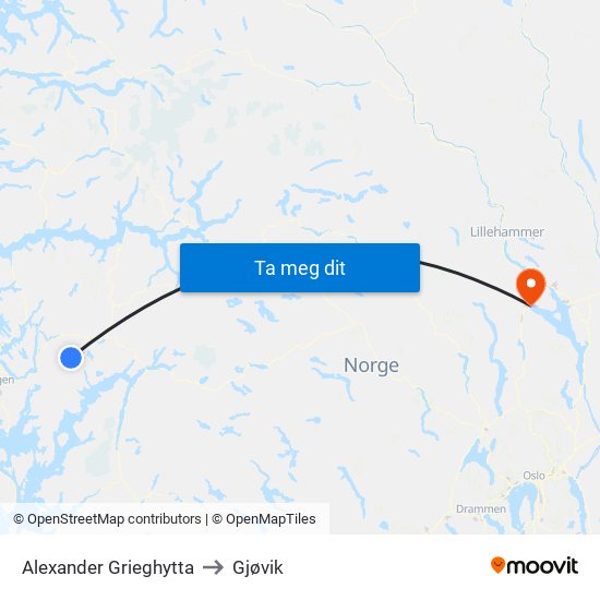 Alexander Grieghytta to Gjøvik map