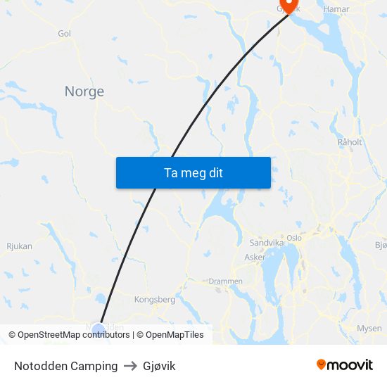 Notodden Camping to Gjøvik map