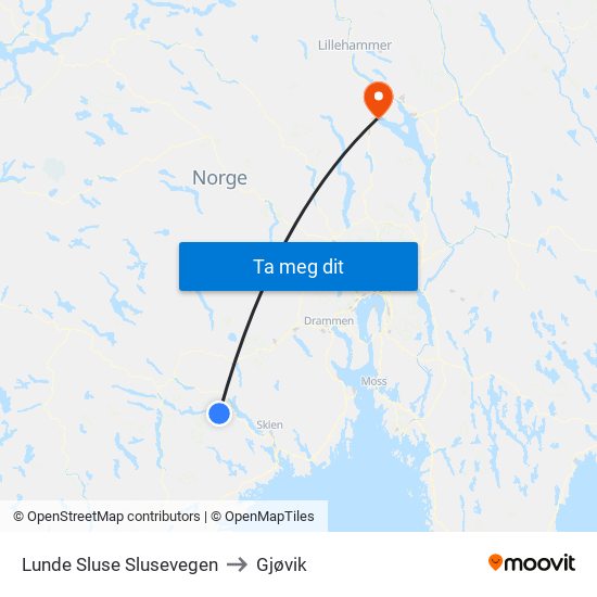 Lunde Sluse Slusevegen to Gjøvik map