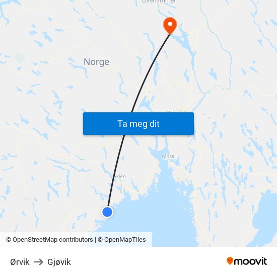 Ørvik to Gjøvik map