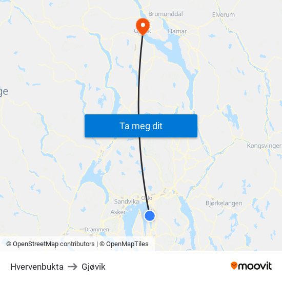 Hvervenbukta to Gjøvik map