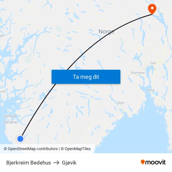 Bjerkreim Bedehus to Gjøvik map