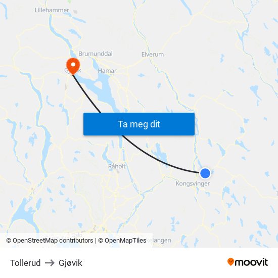 Tollerud to Gjøvik map