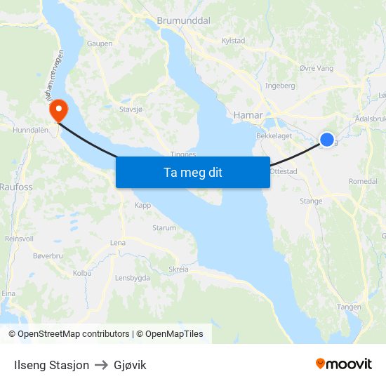 Ilseng Stasjon to Gjøvik map