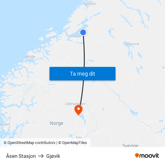 Åsen Stasjon to Gjøvik map