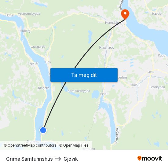 Grime Samfunnshus to Gjøvik map