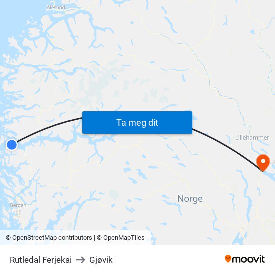 Rutledal Ferjekai to Gjøvik map