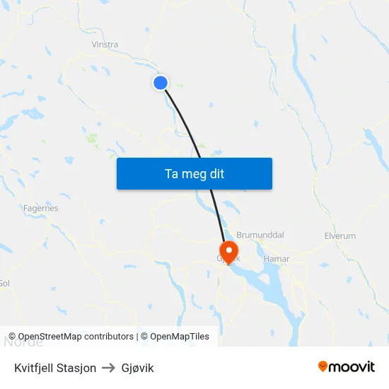 Kvitfjell Stasjon to Gjøvik map