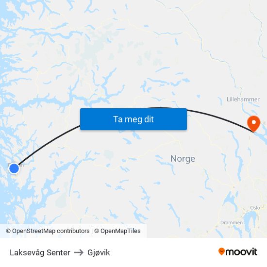 Laksevåg Senter to Gjøvik map