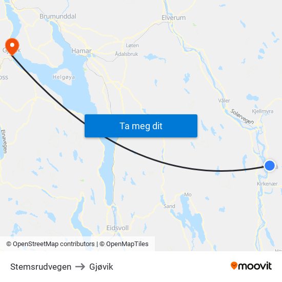 Stemsrudvegen to Gjøvik map