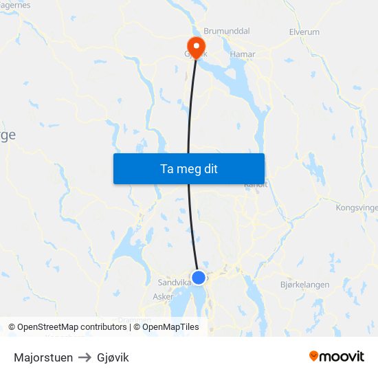 Majorstuen to Gjøvik map