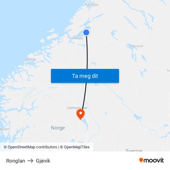 Ronglan to Gjøvik map