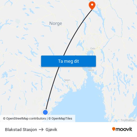 Blakstad Stasjon to Gjøvik map
