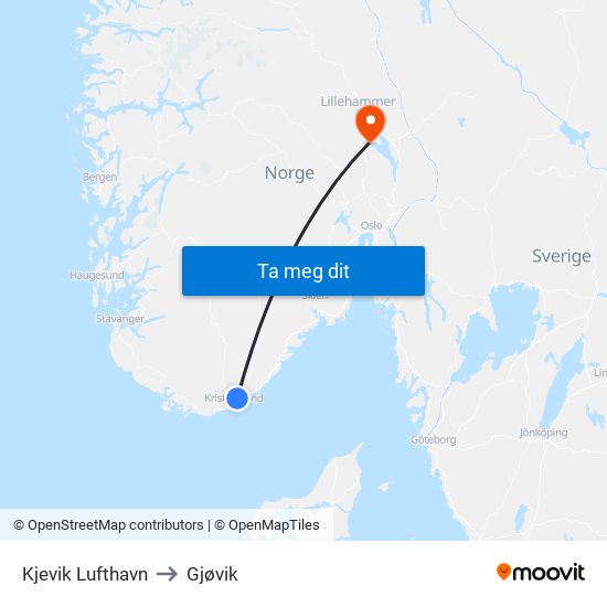 Kjevik Lufthavn to Gjøvik map