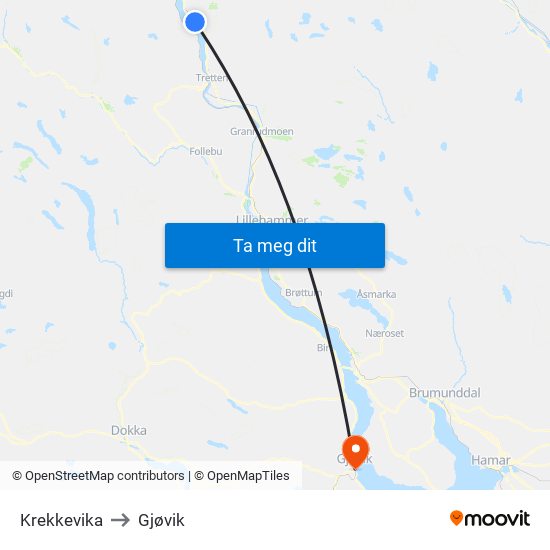 Krekkevika to Gjøvik map