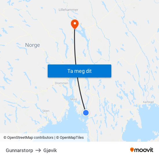 Gunnarstorp to Gjøvik map